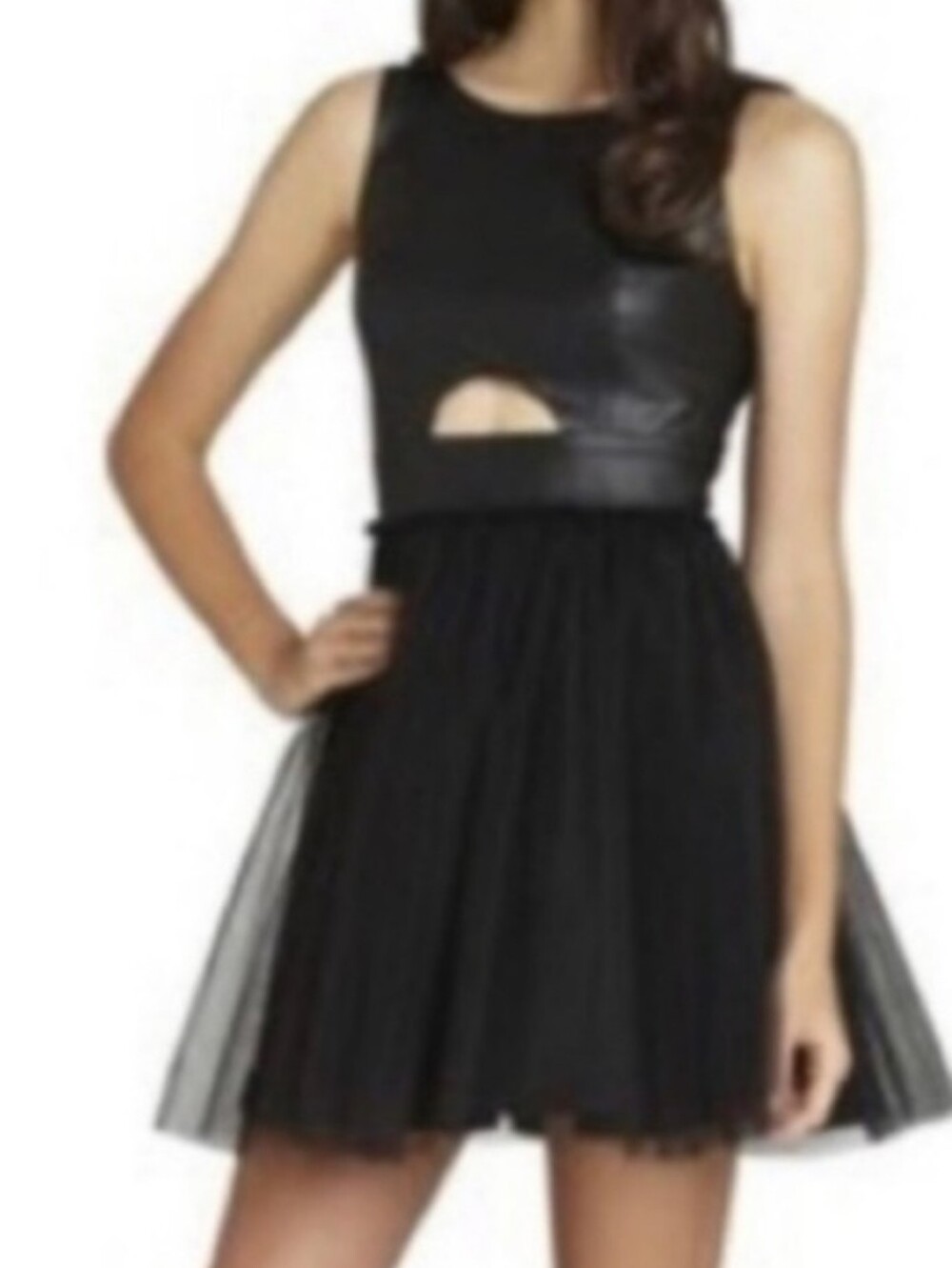 NWT BCBGeneration Black Faux Leather Dress With Tulle Skirt And Cut Out